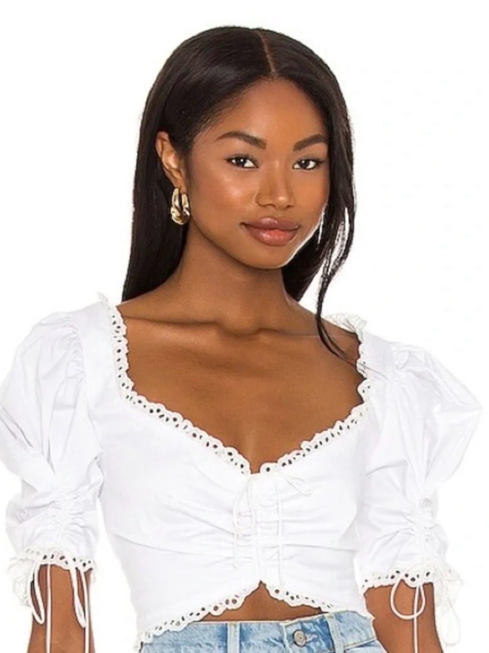 Mint White Eyelet Lace-Up Puff Sleeve Crop Top